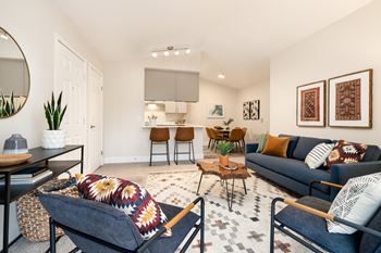 Open concept living room with modern furniture and area rug